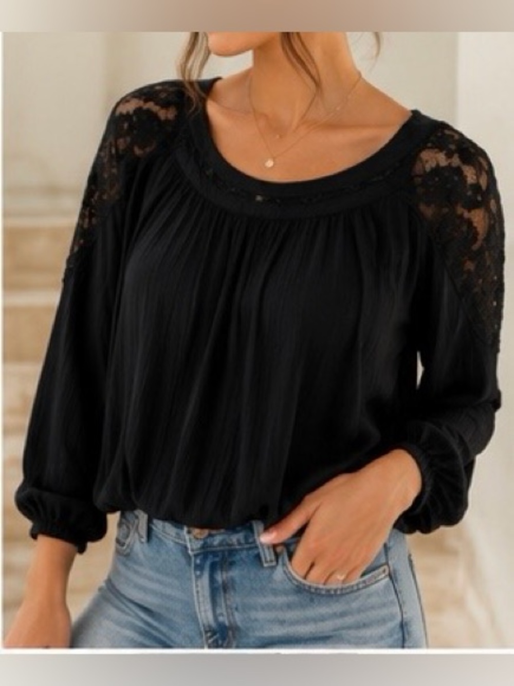 Ash & Violet Black Lace Boho Blouse Women’s XS Romantic Peasant Top